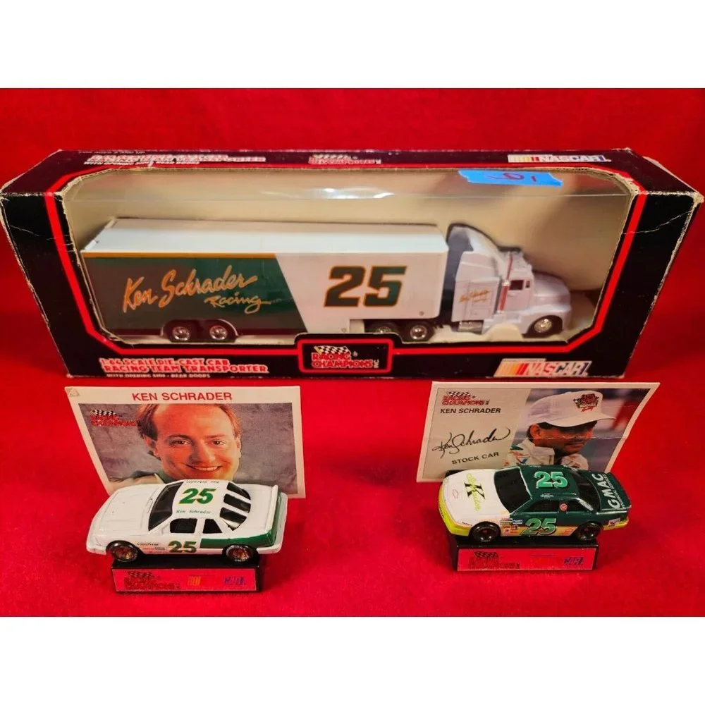 KEN SCHRADER NASCAR #25 TRANSPORTER BUNDLE w/MATCHING STOCKCAR & PLAYER CARD